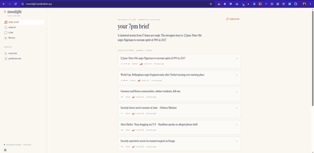 Moonlight daily brief with clustered stories ranked by relevance