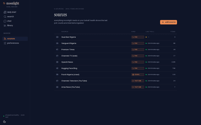 Moonlight sources dashboard showing ingestion health