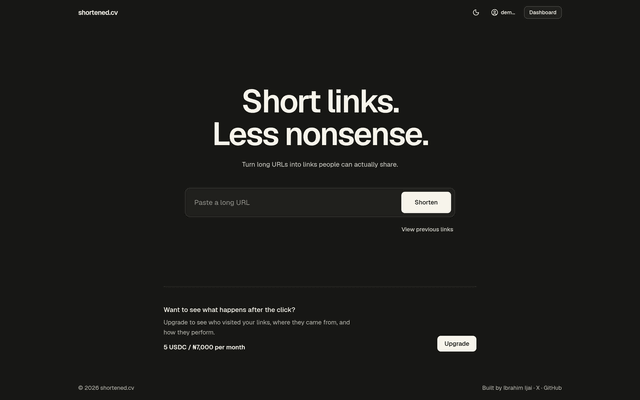 shortened.cv landing page with a single URL field and Shorten button