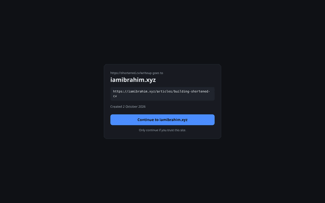 shortened.cv preview page showing a short link's destination before redirecting