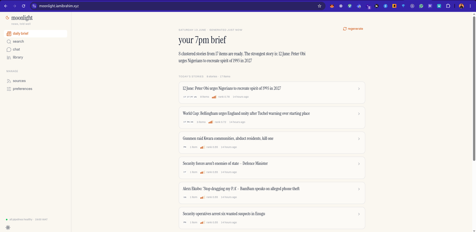 The 7pm brief — clustered stories ranked by relevance, each traceable to its sources